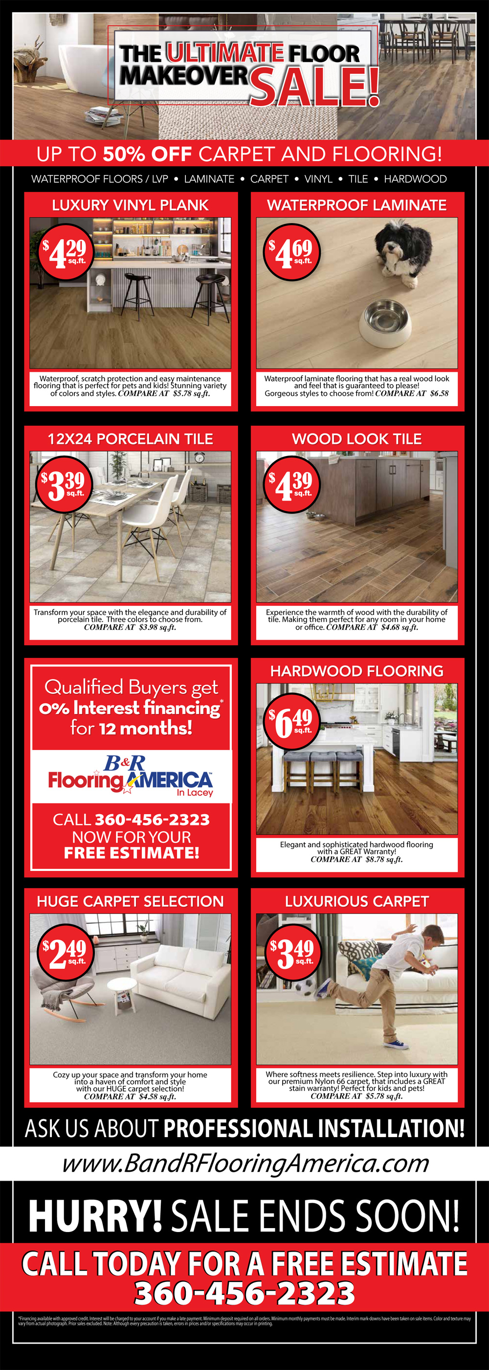 Hardwood, laminate, carpet, luxury vinyl plank and ceramic flooring